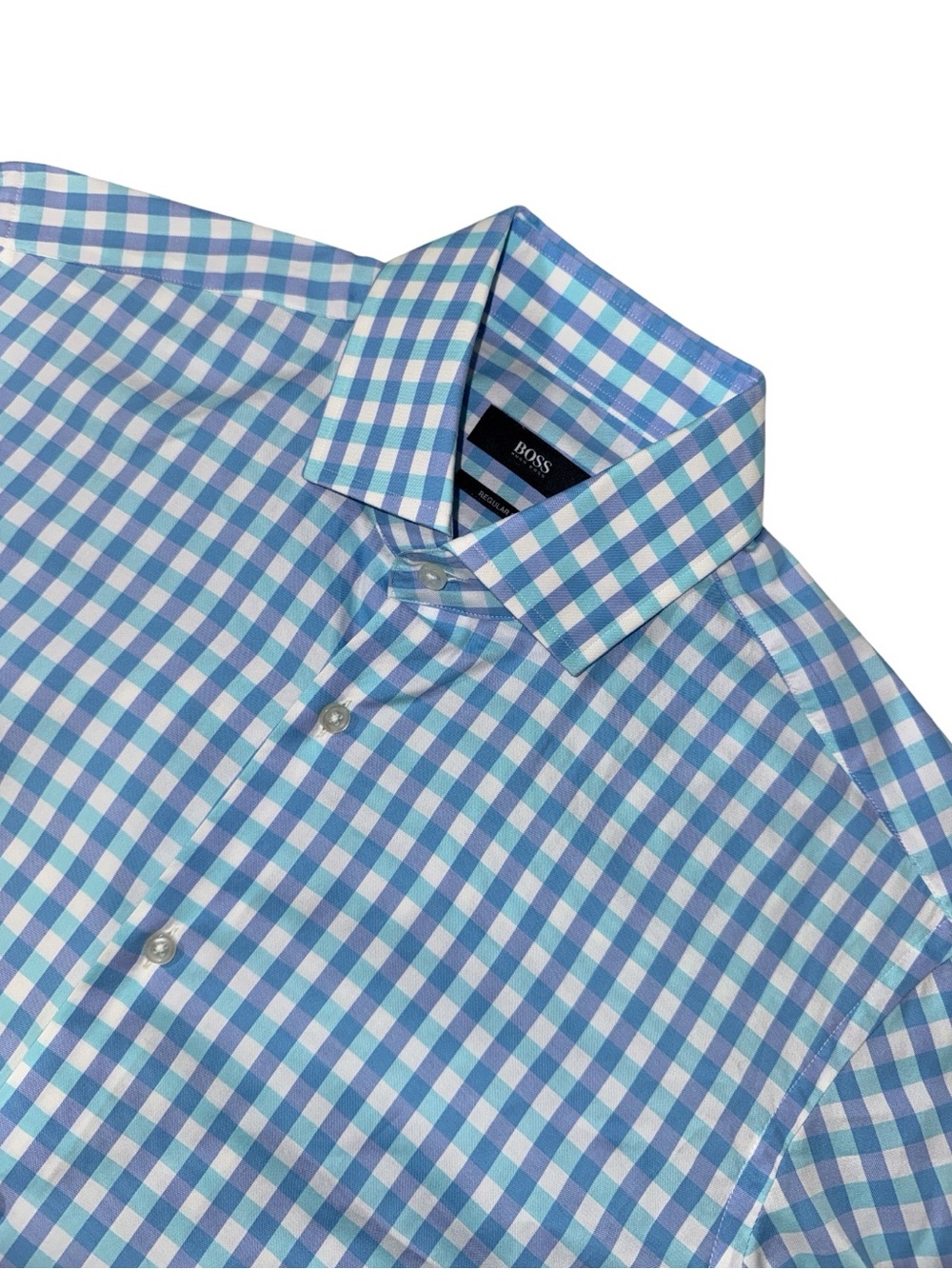 Hugo Boss mens 15.5 39 regular fit blue white check cotton dress shirt EUC
